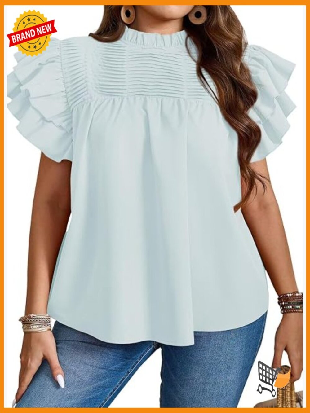 Plus Size Ruffle Sleeve Blouse Mock Neck Pleated Tunic Loose Fit Summer Top